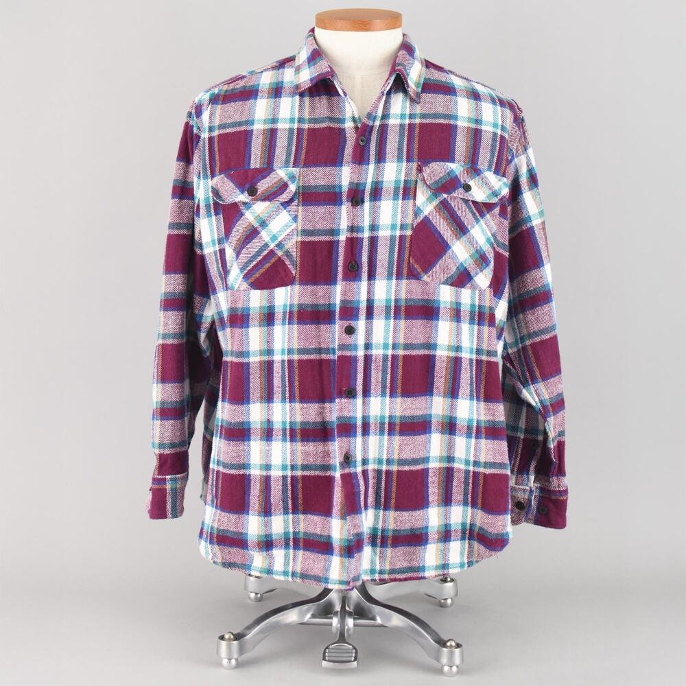 Vintage 90s Coleman Burgundy Plaid Cotton Flannel Shirt, Men's Extra Large